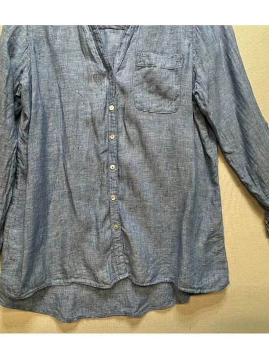 Christian Siriano Womens Button-Up Linen Shirt Medium Blue Chambray Casual Top - Picture 4 of 10
